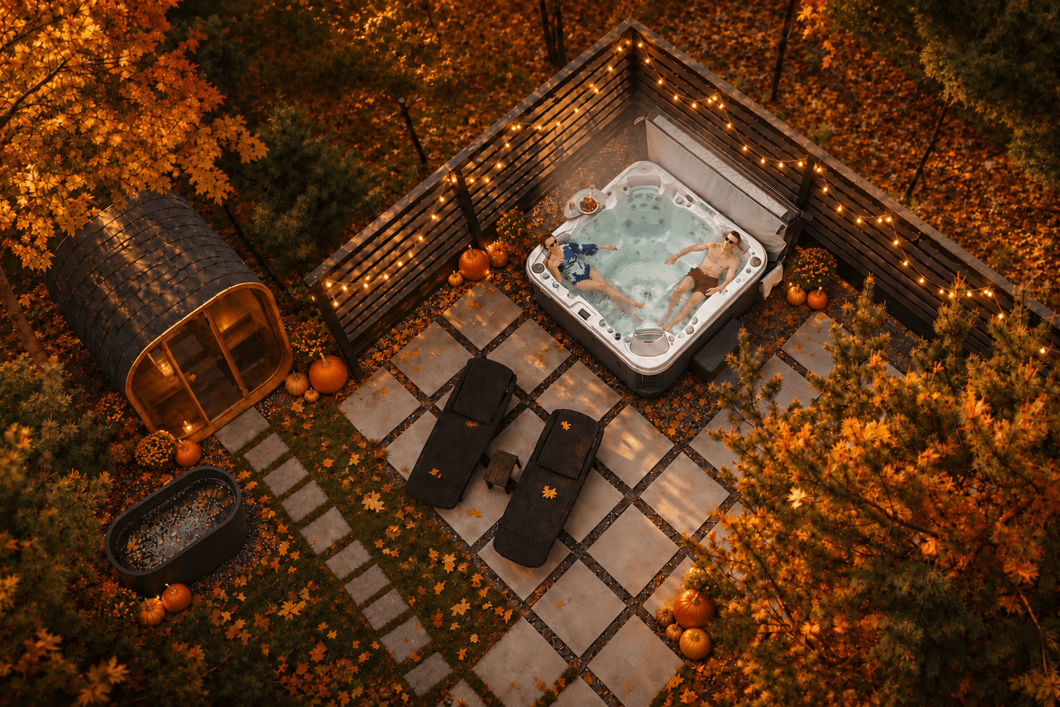 Autumn garden from above with a hot tub, barrel sauna, ice bath and pumpkins
